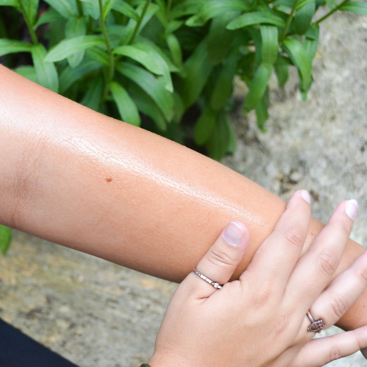 Forearm gleaming with Vanilla Honeycomb oil under leafy green blur — silver rings rest on sunlit outdoor skin