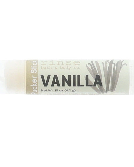 Vanilla Pucker Stick lip balm stylized — bold black vanilla lettering ready for everyday lip care