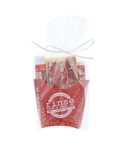 Warm Apple Cider fry carton wrapped in cellophane with white bow — presentation-ready orchard gift