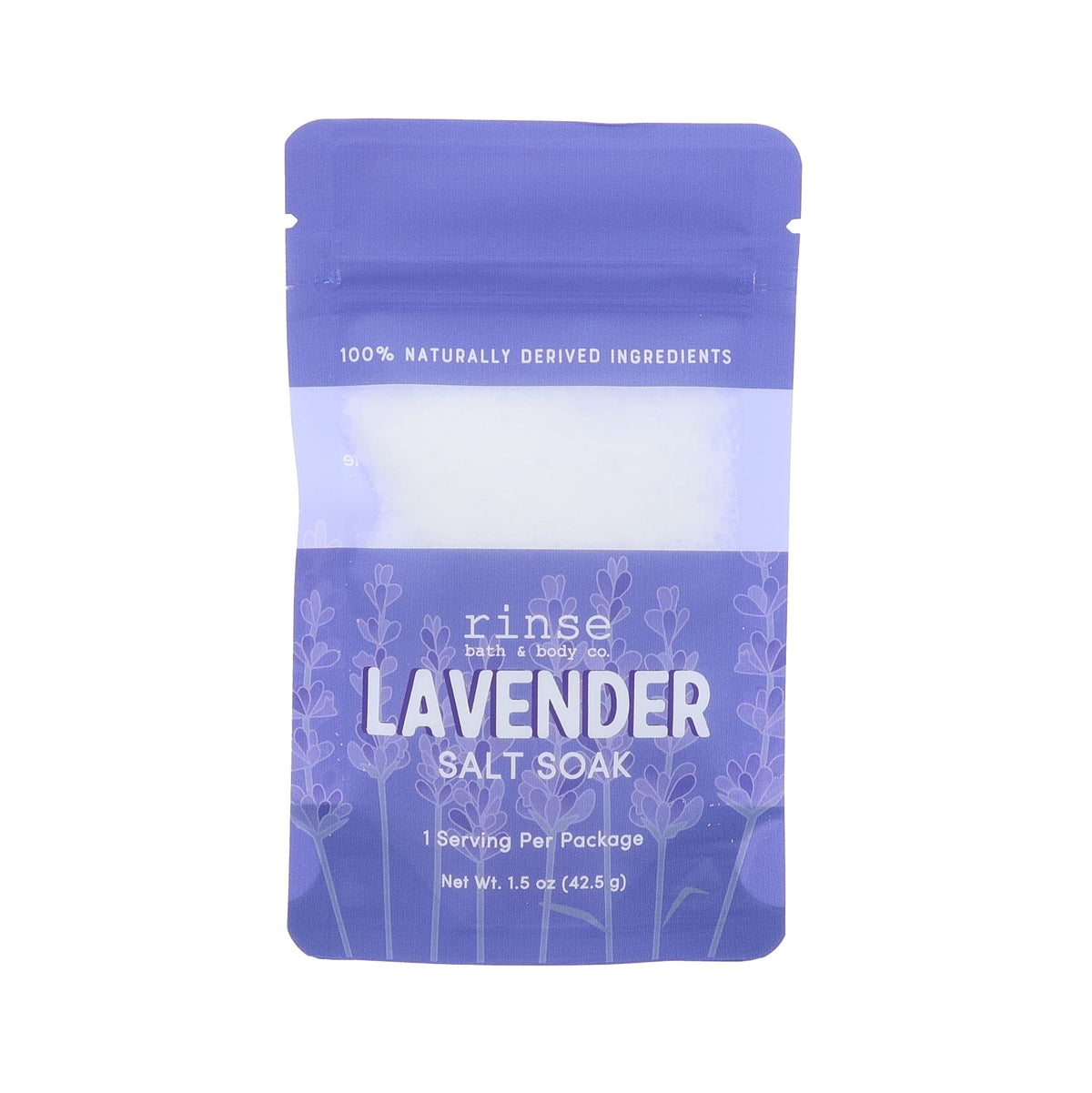 Purple Lavender Salt Soak pouch standing on white — botanical lavender and mineral salts for one relaxing bath