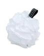 White Finchberry lacy loofah with black hang ribbon — soft bath accessory.
