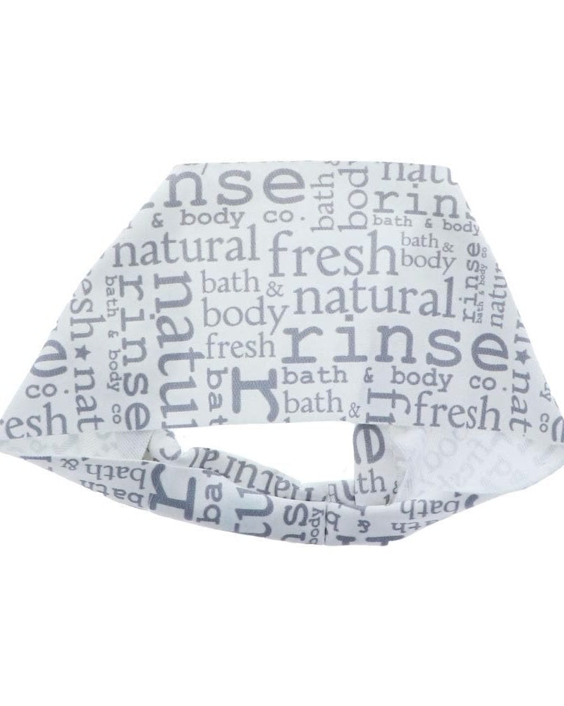 White Bondi Band with multi-font Rinse typography — stretchy headband accessory.