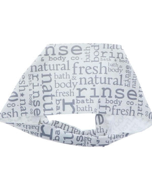 White Bondi Band with multi-font Rinse typography — stretchy headband accessory.
