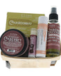 Wine berry till flat lay — Chardonnay soap, Cabernet Body Buff, Cabernet Body Bliss Oil, Rosé Skin Stick, and Sangria Pucker Stick in grey tissue