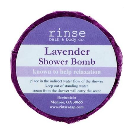 Purple-foil Lavender Shower Bomb faces up — lavender-bar label crisp on clean bright white