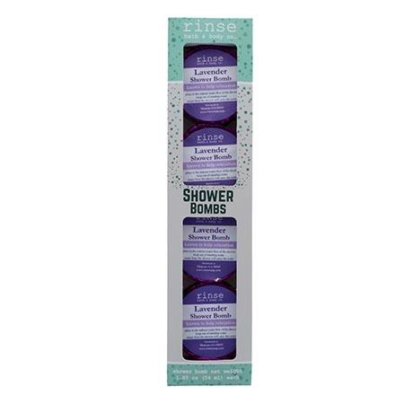 Tall Lavender Shower Bombs carton faces forward — purple foil glowing through the window on stark white