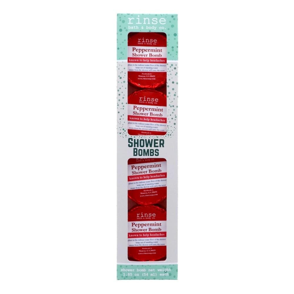 Tall Peppermint Shower Bombs carton faces forward — red foil glowing through the four-count window on stark white