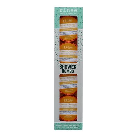 Tall Sweet Orange Shower Bombs carton faces forward — orange foil glowing through the window on stark white
