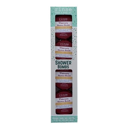 Thievery Shower Bombs four-pack standing on white — mint speckled carton windowing burgundy foil stack