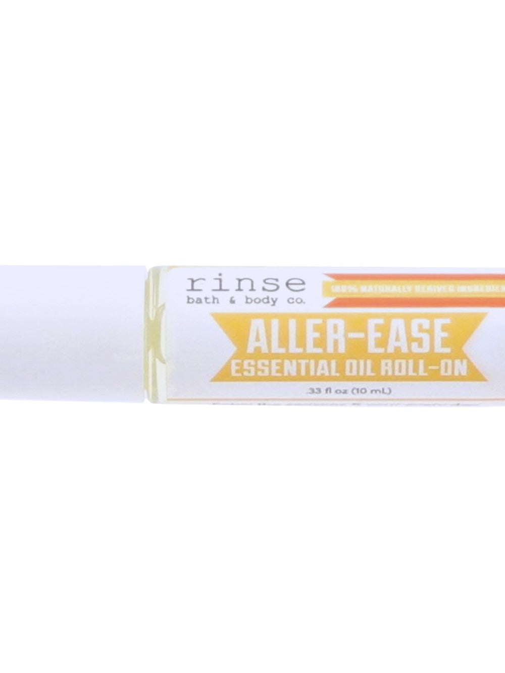 Aller-Ease roll-on lying on bright white — orange banner label and white cap in clean studio light