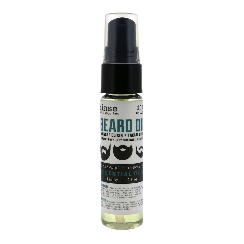 Beard Oil bottle standing on bright white — clear glass pump with teal beard-silhouette label and pale yellow whisker elixir