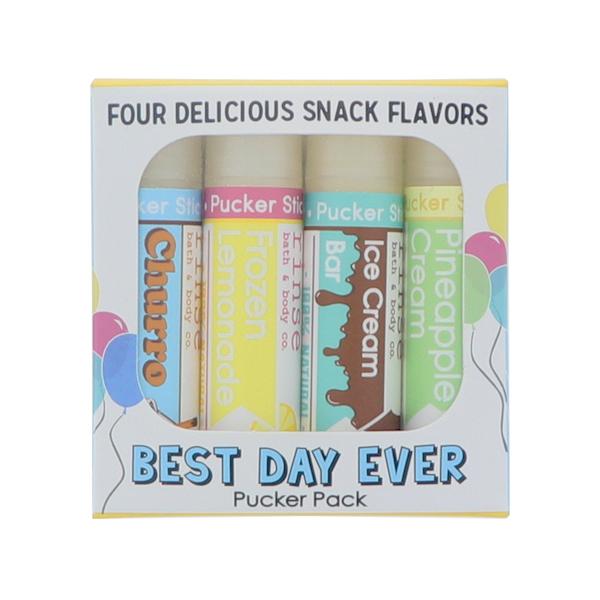Best Day Ever Pucker Pack box showing four snack-flavor tubes through its window — balloon art on bright white