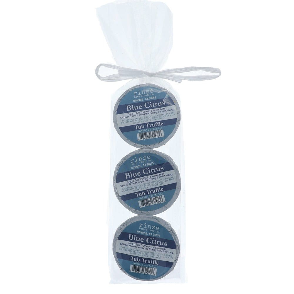 Three Blue Citrus Tub Truffles stacked in clear cellophane — white ribbon tied on bright white