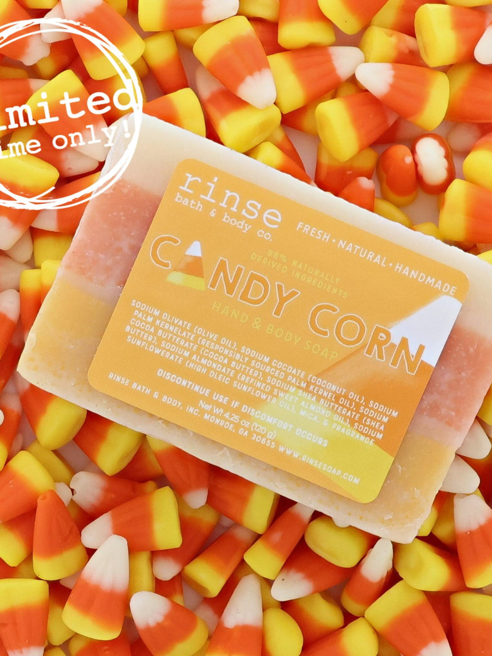 Candy Corn soap nestled on a pile of real candy corn — limited-time stamp in festive studio light