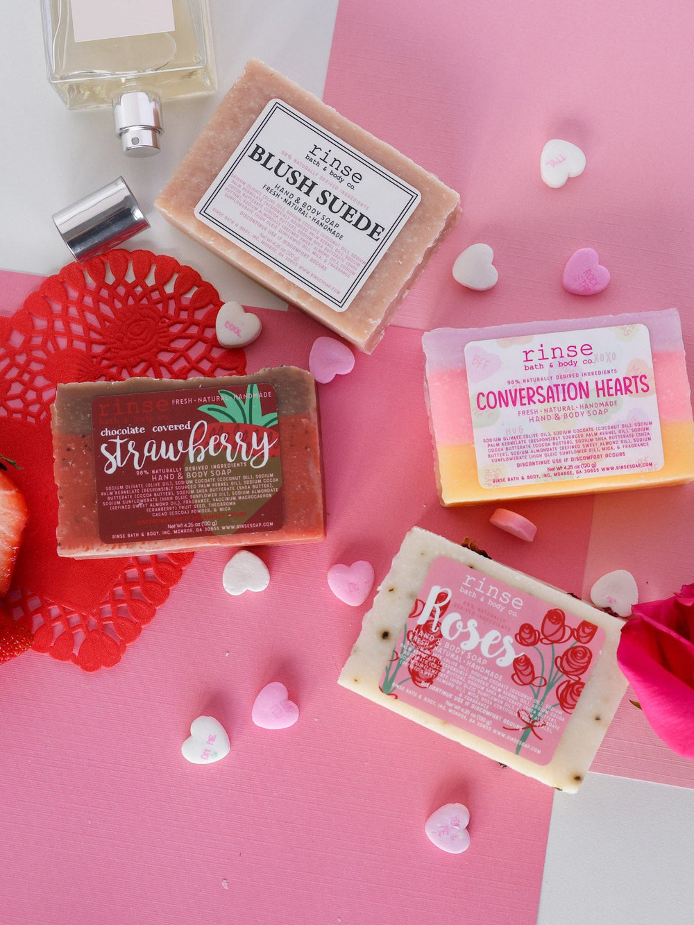 Valentine soaps with strawberries and conversation hearts — Chocolate Covered Strawberry centered on pink lace doily