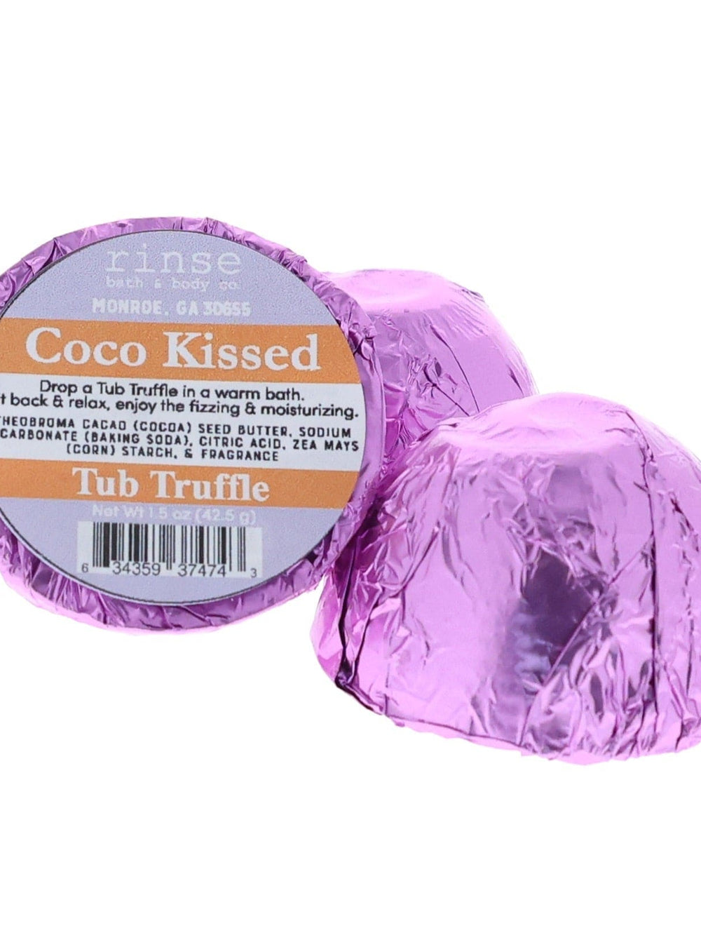 Three purple-foil Coco Kissed Tub Truffles on bright white — crinkled metal and orange-banner circular label