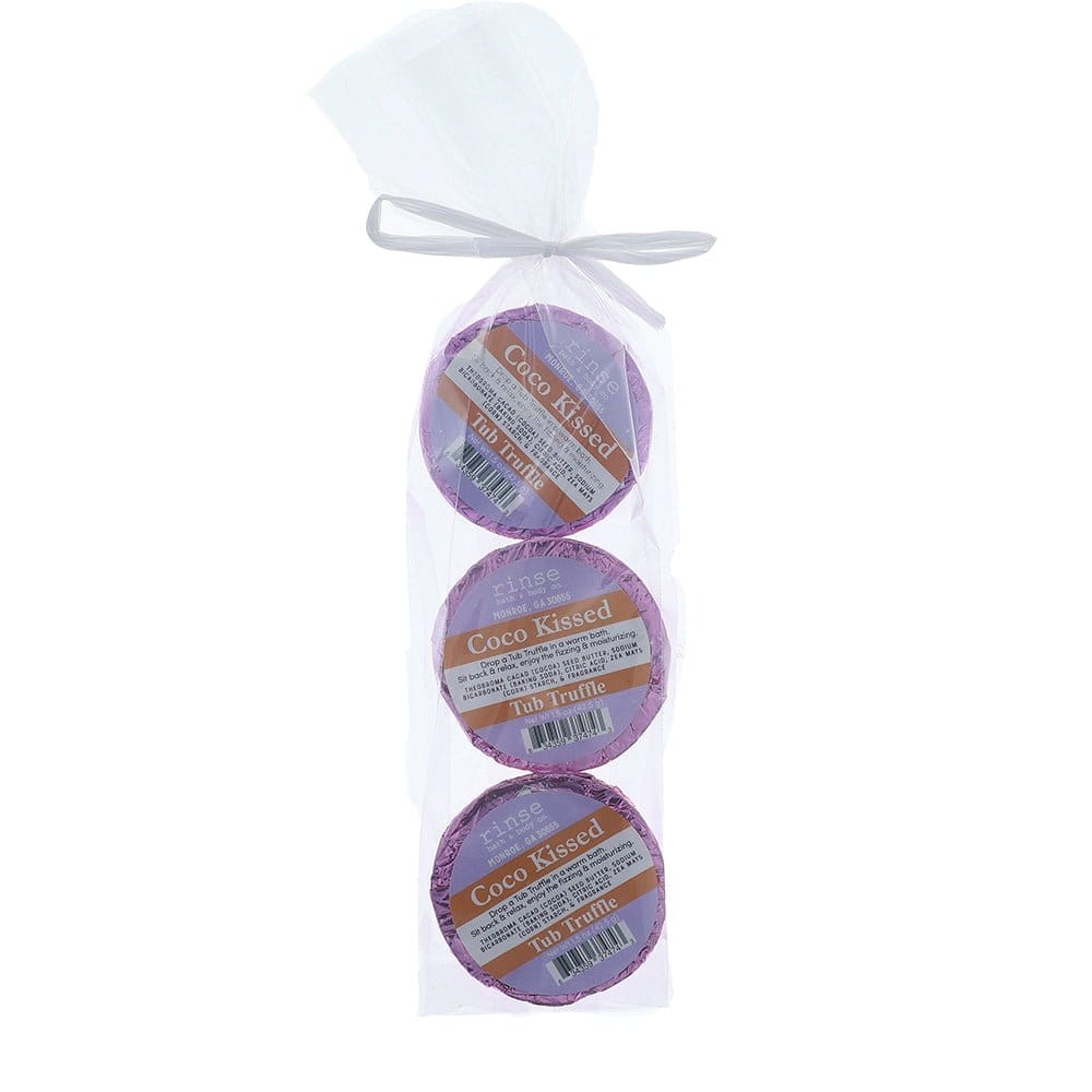 Three pink-foil Coco Kissed Tub Truffles stack in sheer mesh — white ribbon tied on bright white