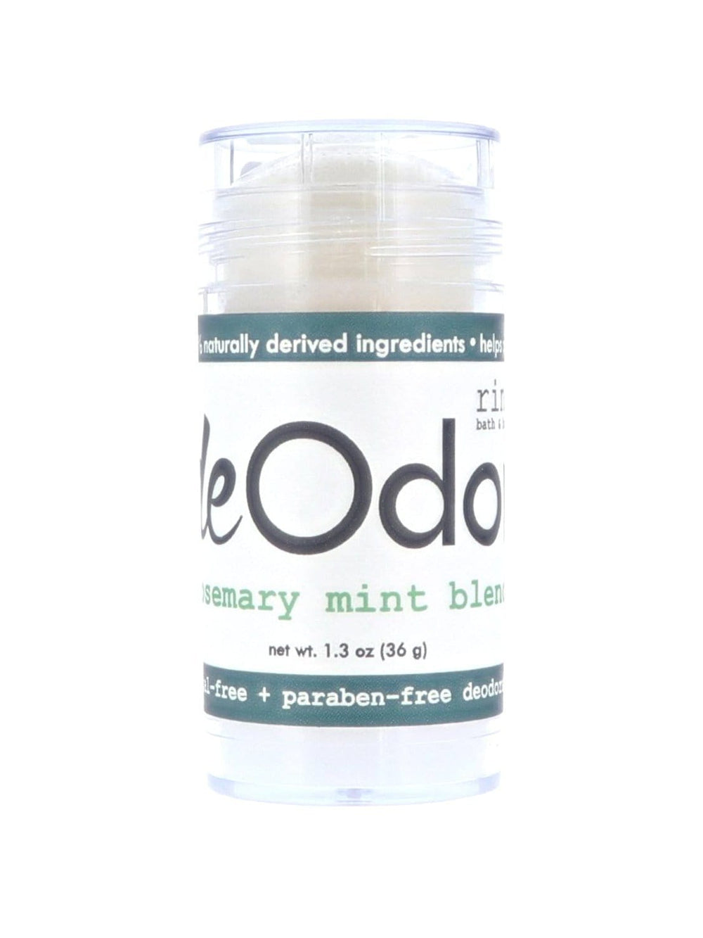 Rosemary Mint deOdor stick centered on bright white — green blend label and clear tube in studio light