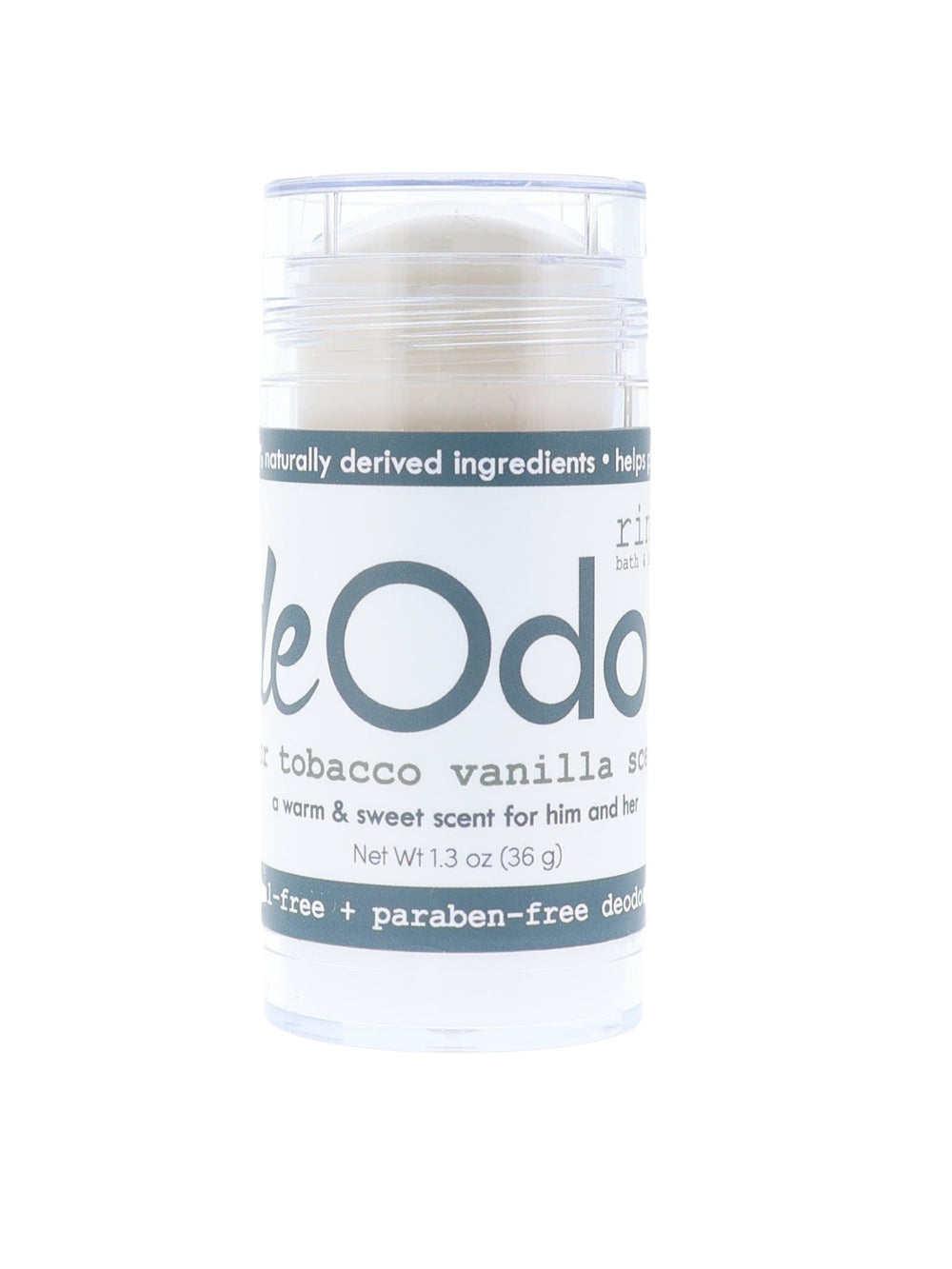 Tobacco Vanilla deOdor stick upright against seamless white — warm and sweet scent for him and her in a clear tube
