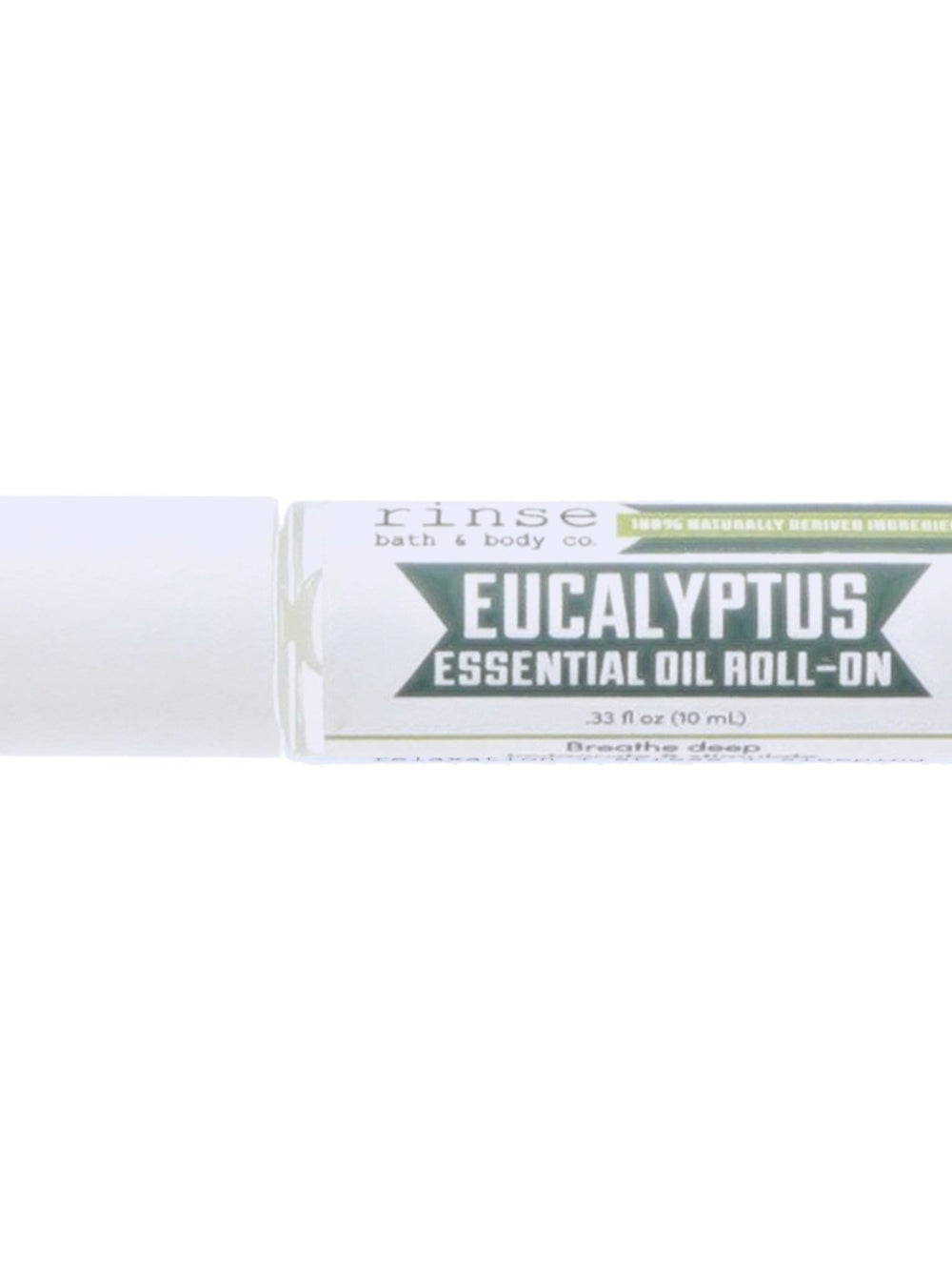 Eucalyptus Essential Oil Roll-On lying on bright white — clear glass vial with green scent banner and white cap in studio light