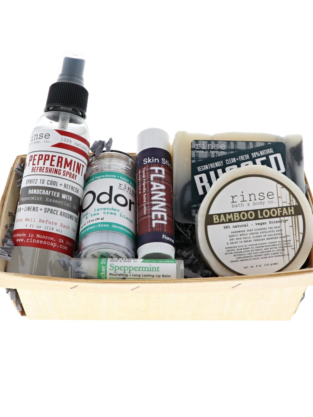 Father's Day fresh-scent basket holds spray odor stick loofah tin and Speppermint — kraft crate on stark white