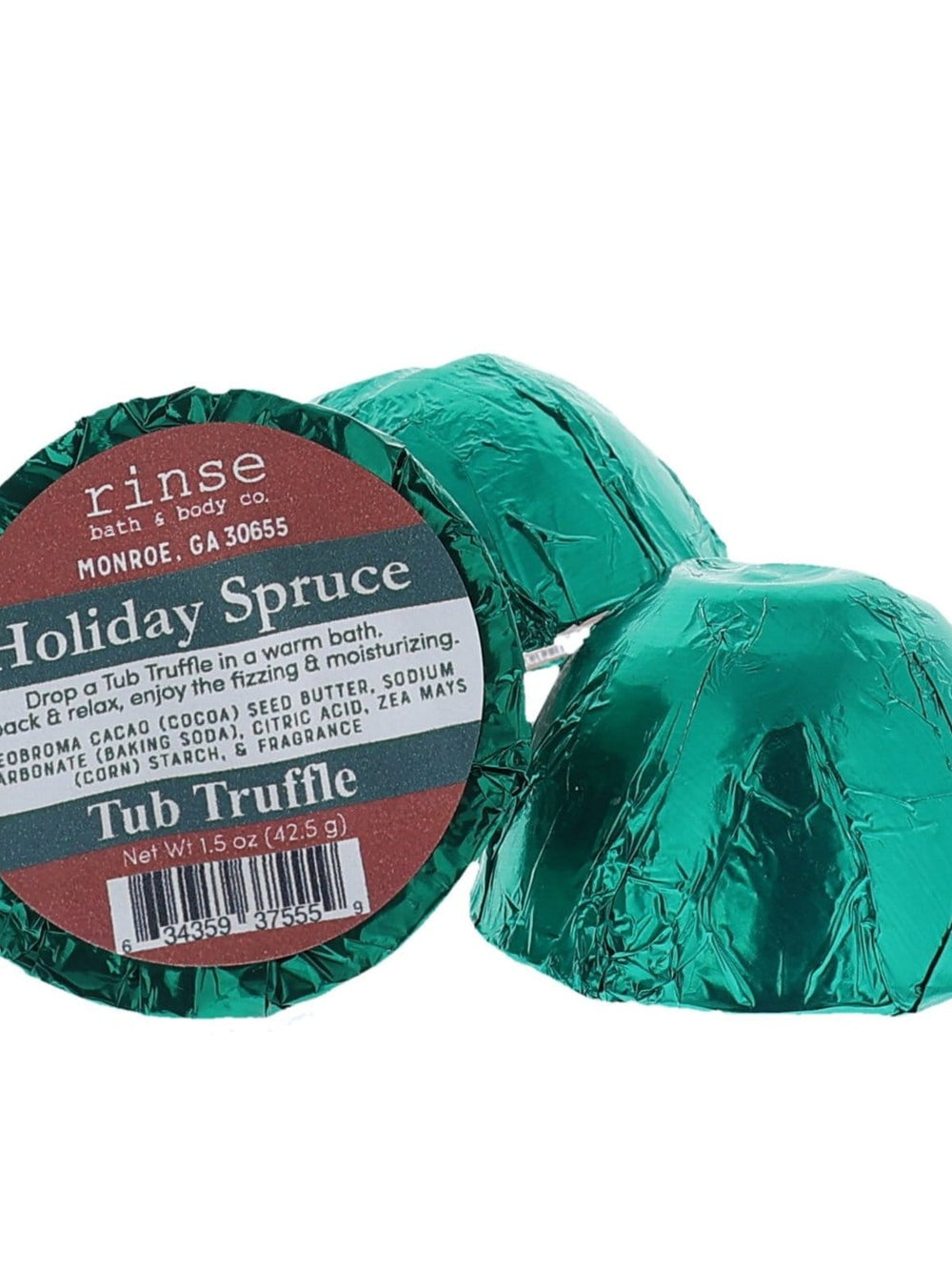 Holiday Spruce bath bomb from Rinse - cocoa butter infused - alternate angle