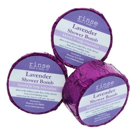 Three purple-foil Lavender Shower Bombs cluster — crinkled metallic wrap on bright white