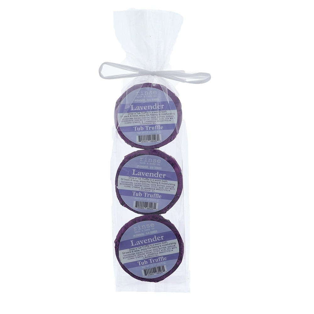 Three purple-foil Lavender Tub Truffles stack in clear cellophane — white ribbon on bright white