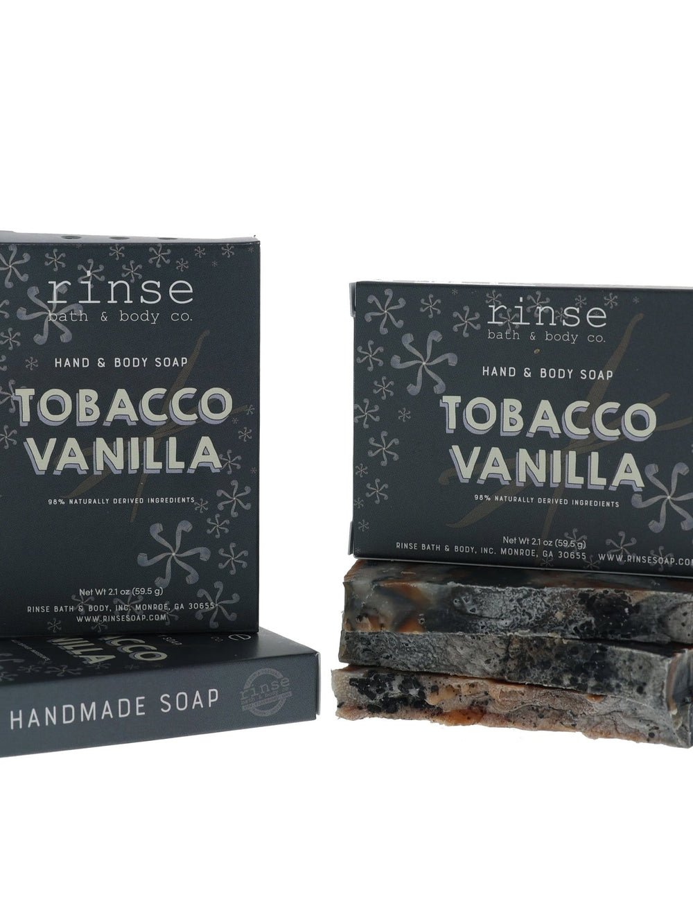 Mini Tobacco Vanilla boxes with marbled brown bars on white — warm smoky-sweet tobacco vanilla lather