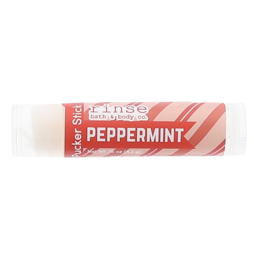 Peppermint Pucker Stick lying horizontal on bright white — red-and-white candy-cane stripes and bold PEPPERMINT banner