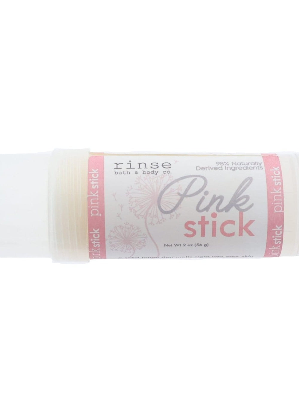 The Pink Skin Stick in its script-labelled tube on white — a 2 oz twist-up solid lotion, the largest stick in the range. Rinse Bath & Body Co.