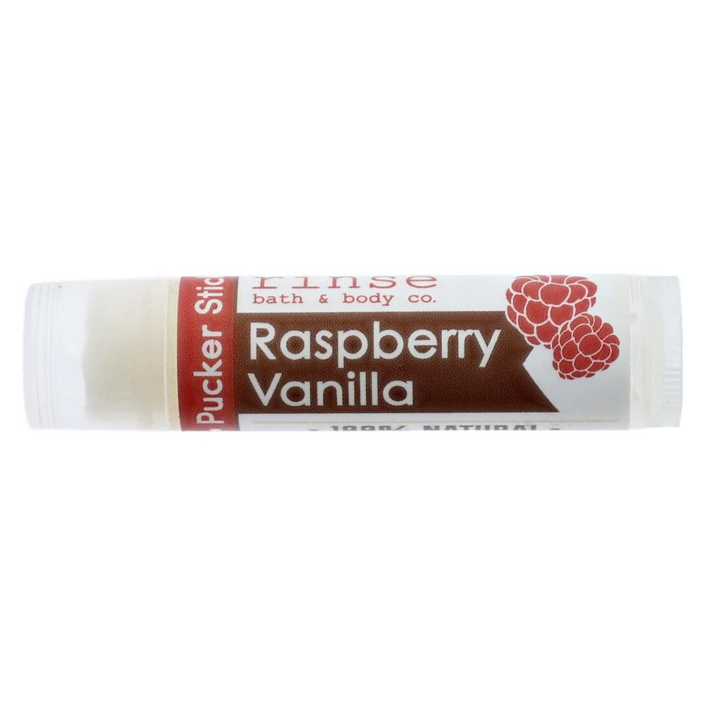 Raspberry Vanilla Pucker Stick lies horizontal — red side stripe and berry art on white