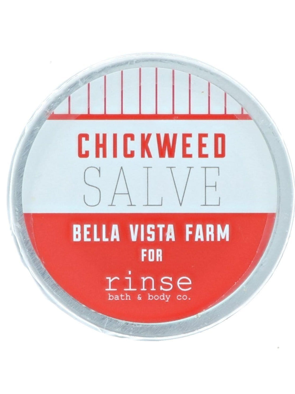 Chickweed Salve tin lid close-up — red band and pinstripes on stark white