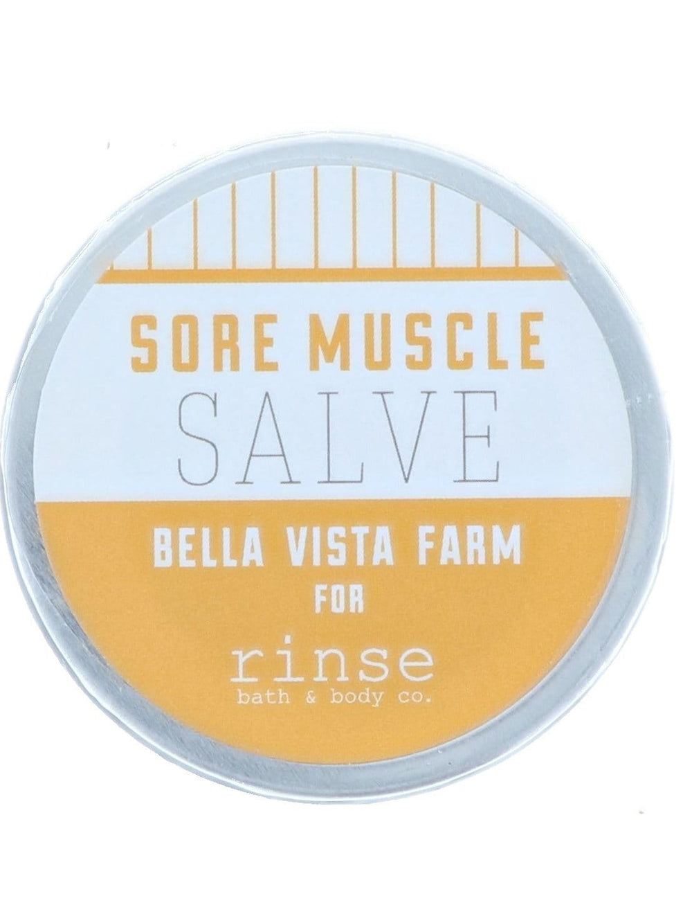 Round Sore Muscle Salve tin faces forward — yellow white Bella Vista Farm lid on clean bright white