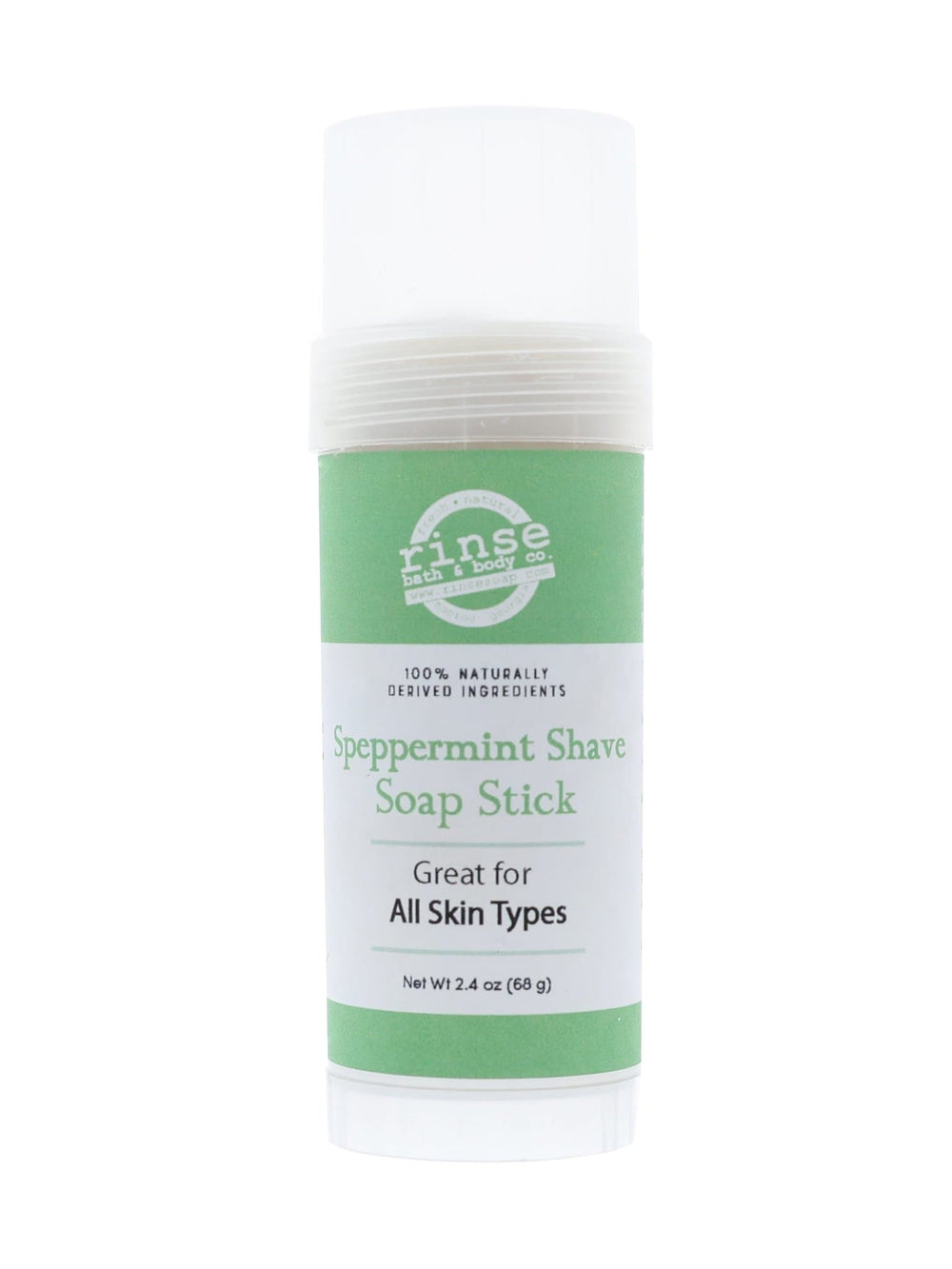 Speppermint Shave Soap Stick standing capped on bright white — translucent tube with green brand bands for travel shave soap