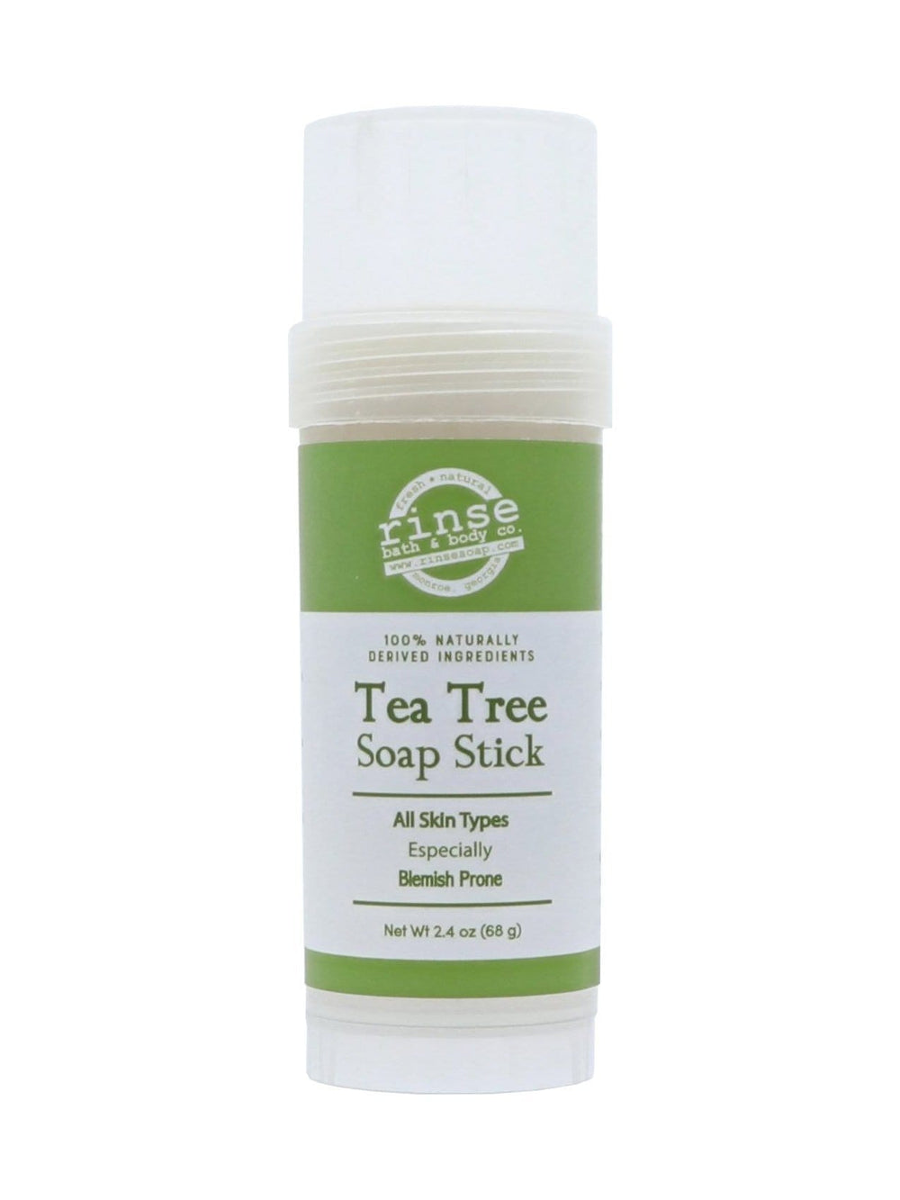 Tea Tree Soap Stick upright on bright white — frosted tube showing cream soap through a clear cap