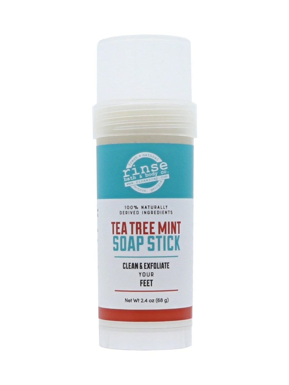 Tea Tree Mint Soap Stick capped on bright white — teal-and-red label for twist-up foot soap to clean and exfoliate