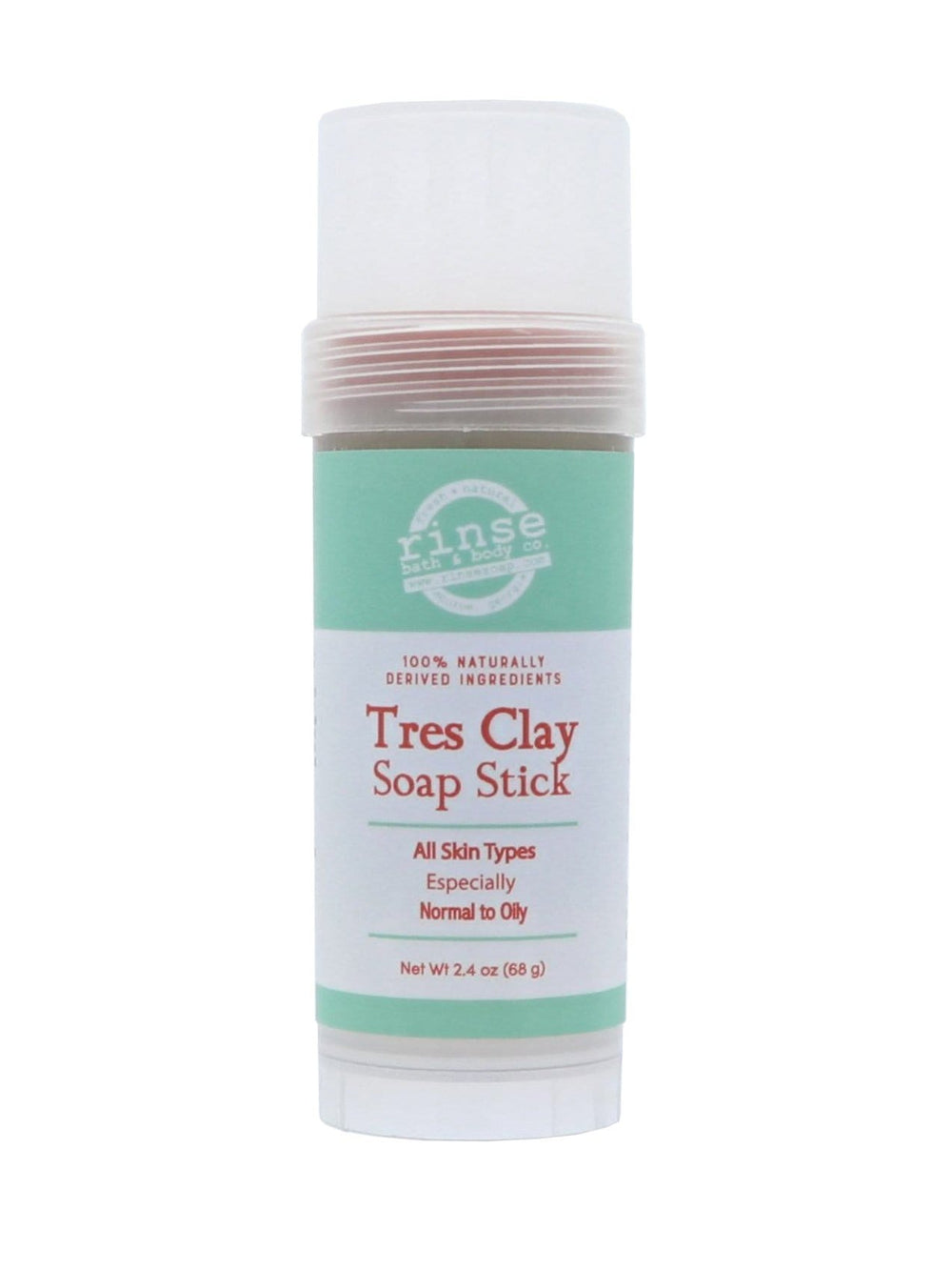 Tres Clay Soap Stick capped on bright white — mint green bands and terracotta lettering for twist-up facial soap