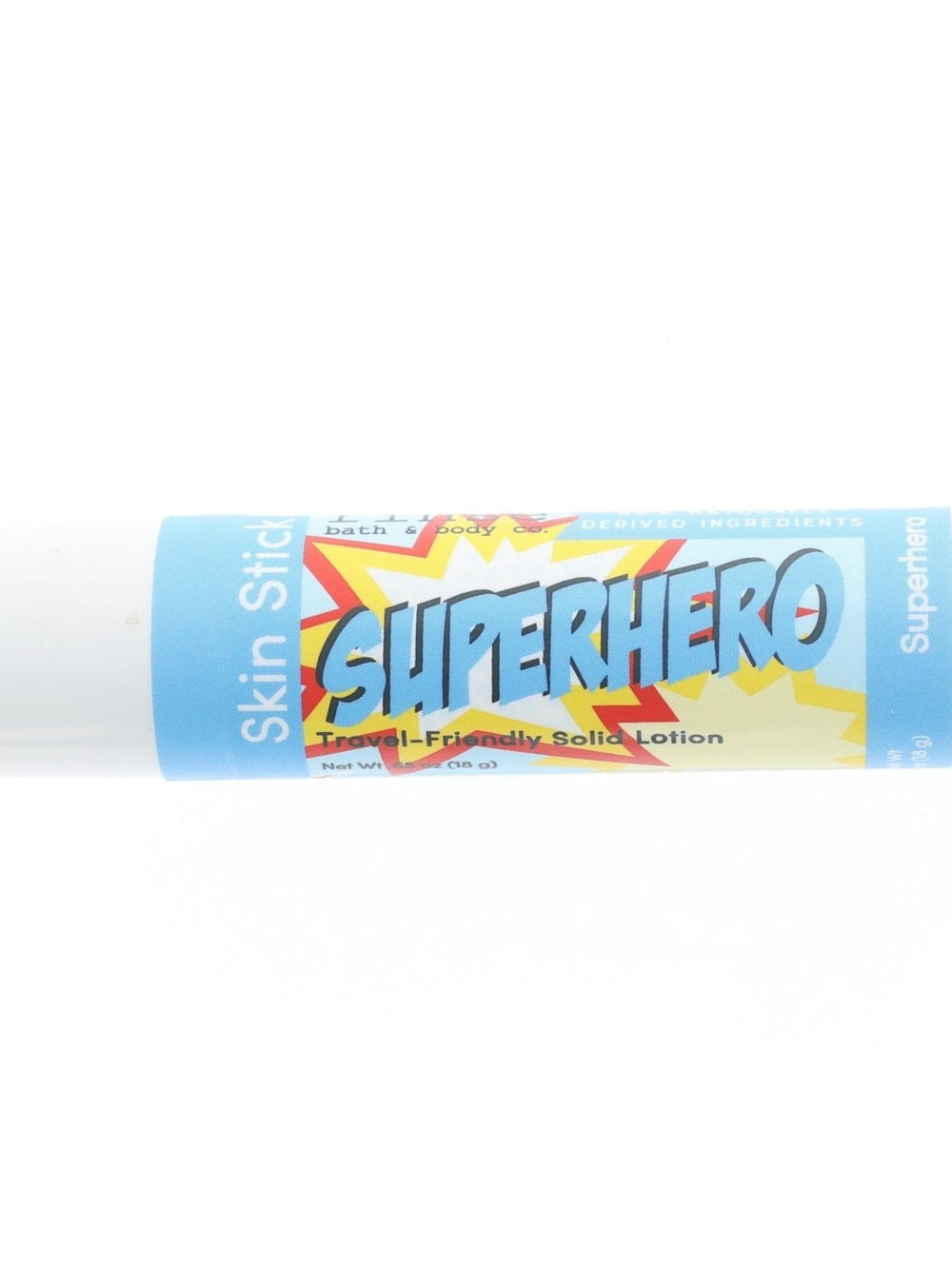 Superhero Skin Stick on seamless white — travel solid lotion with comic-book logo in studio light
