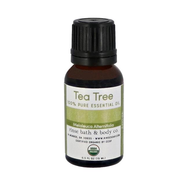 Tea Tree essential oil bottle upright on seamless white — olive-green botanical label and USDA Organic seal in clean daylight