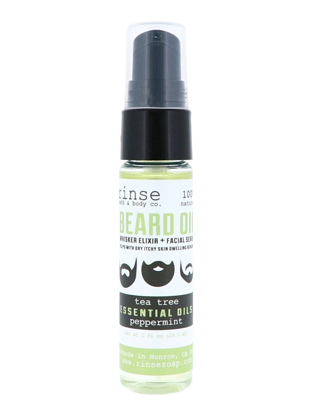 Tea Tree Mint Whisker Elixir bottle centered on white — black pump and clear cap in bright studio light