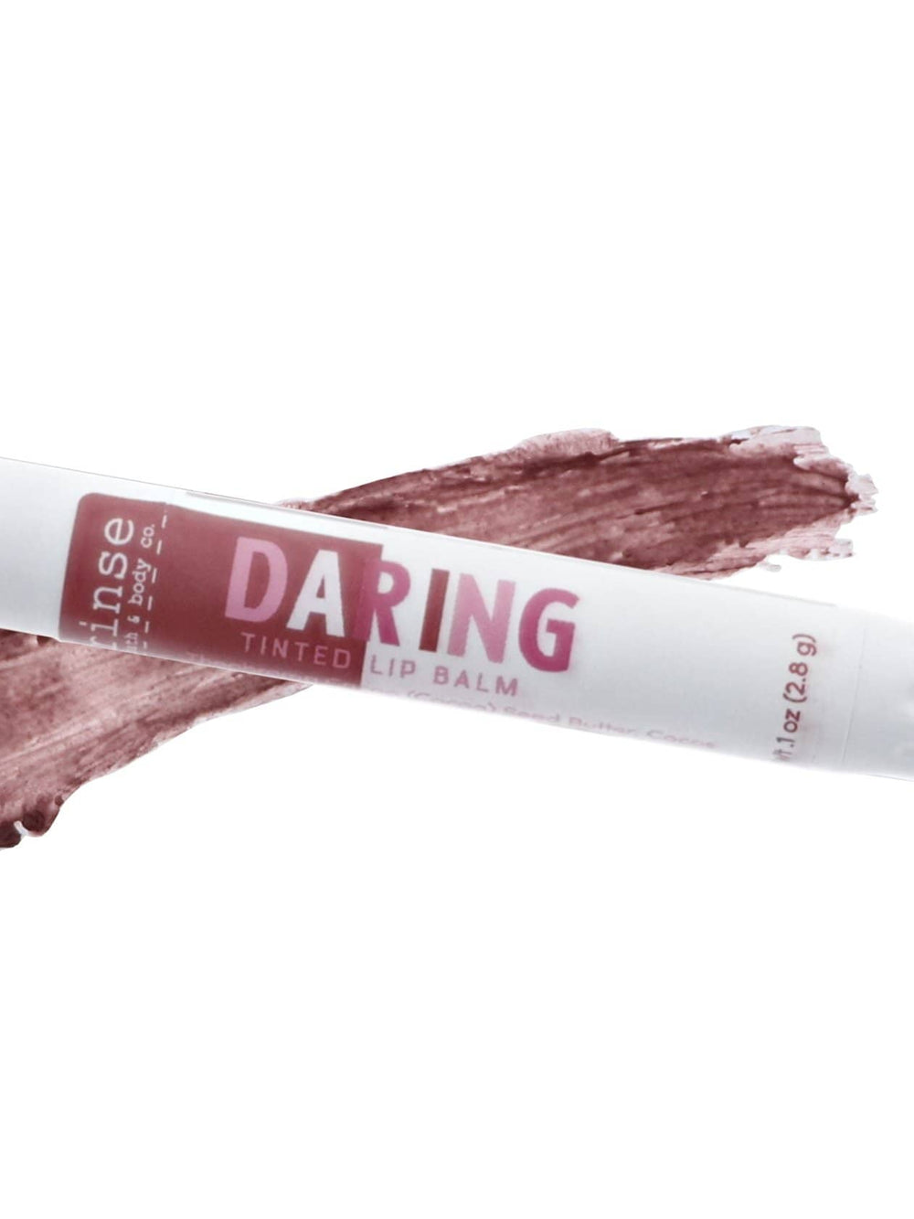 Daring tinted lip balm angled over a creamy berry swatch — white tube on stark studio white
