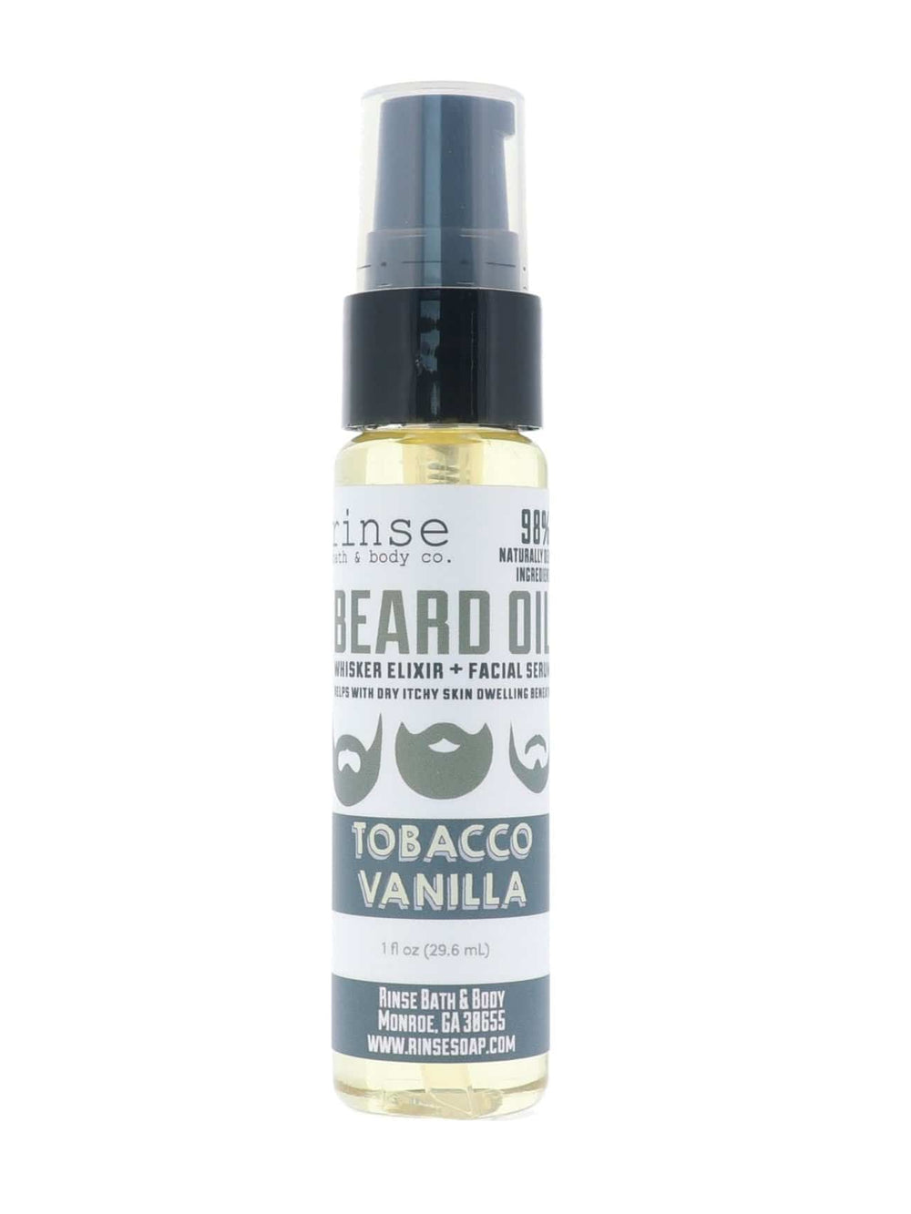 Tobacco Vanilla Whisker Elixir bottle facing forward on white — black pump in bright studio light