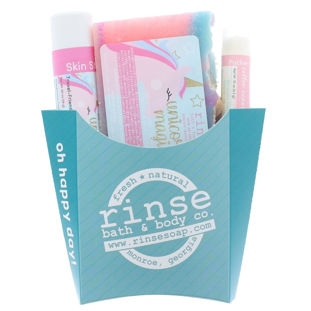 Unicorn natural bath and body gift set from Rinse - ready to gift