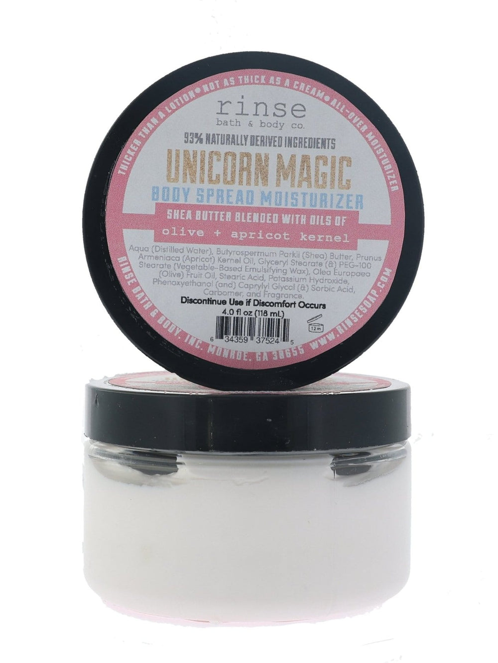 Unicorn Magic Body Spread jar standing on white with lid upright — pink gold label in clean studio light