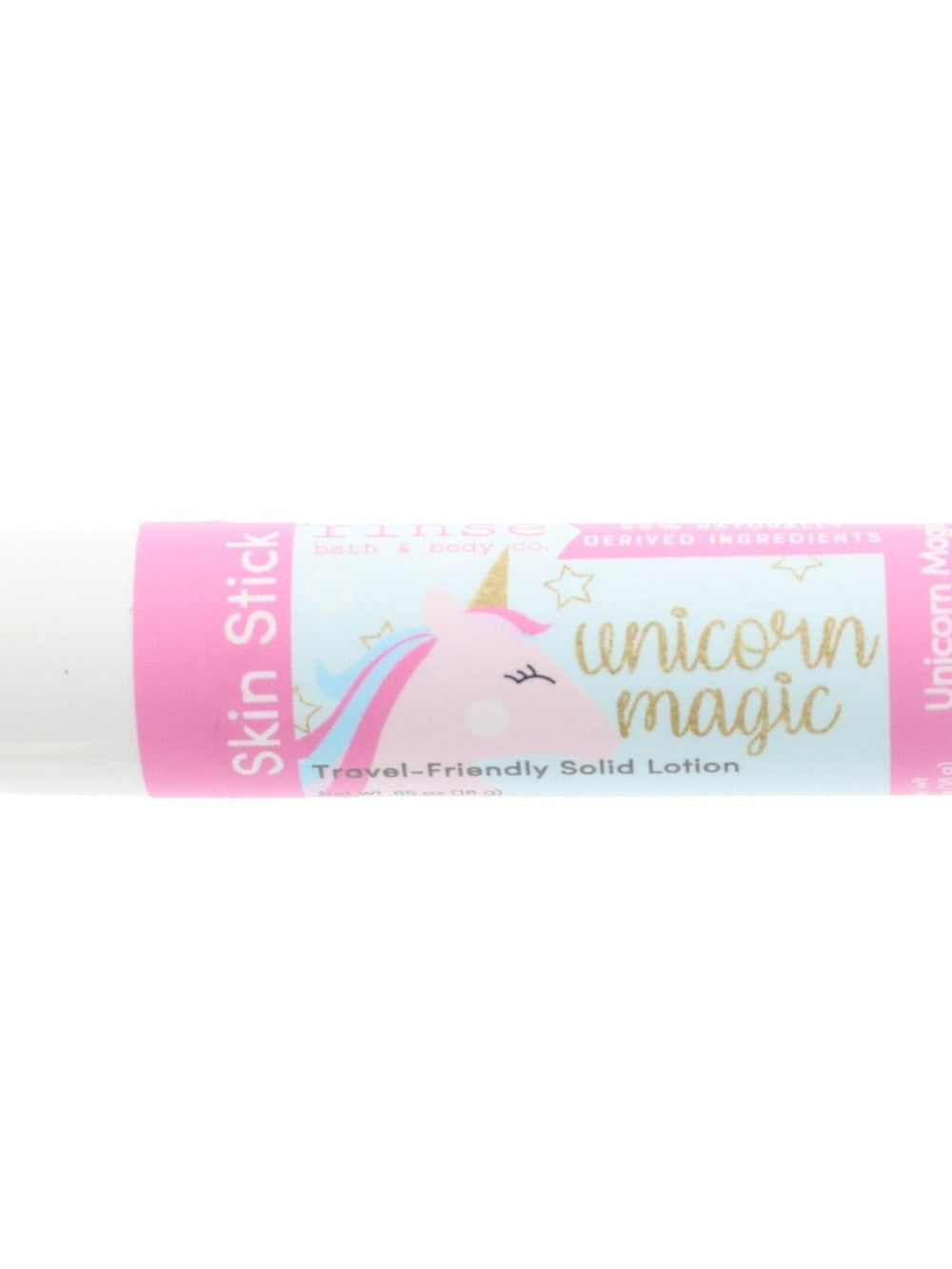 Unicorn Magic Skin Stick on seamless white — travel solid lotion with cartoon unicorn label